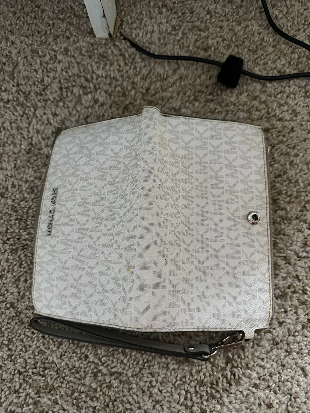 Michael Kors Cream and Light Gray MK Logo Wristlet with Black Strap